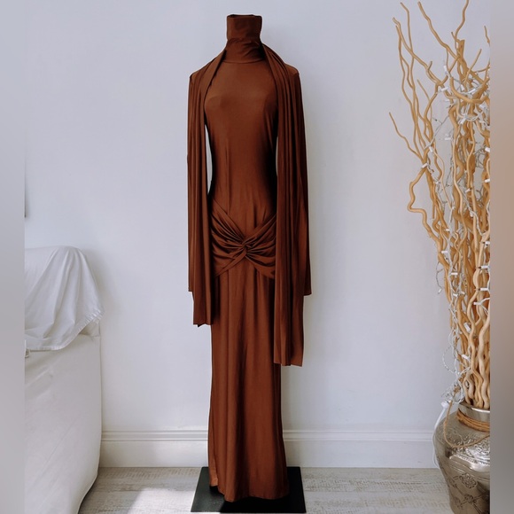 NWT SLEEK AND BEAUTIFUL CHOCOLATE BROWN LONG SLEEVED DRESS WITH OPTIONAL WRAP π - Picture 9 of 16